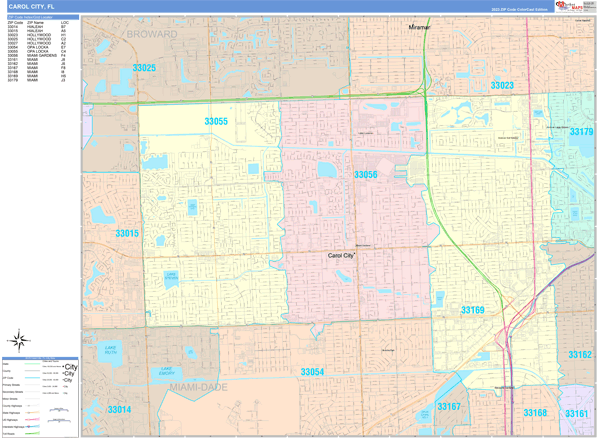 Carol City City Wall Map Color Cast Style